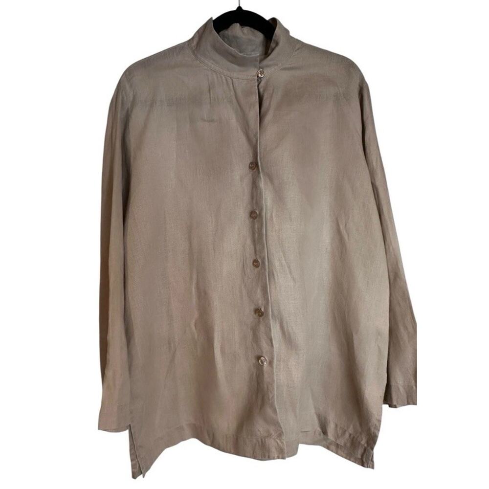 Go Silk 100% Linen Shirt Tan Button Front Mandarin Coastal Resort Minimalist L